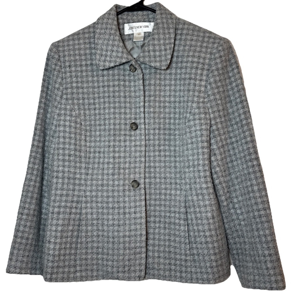 Vintage Jones New York Wool Blend Houndstooth Jacket Womens 12 Gray Button Front